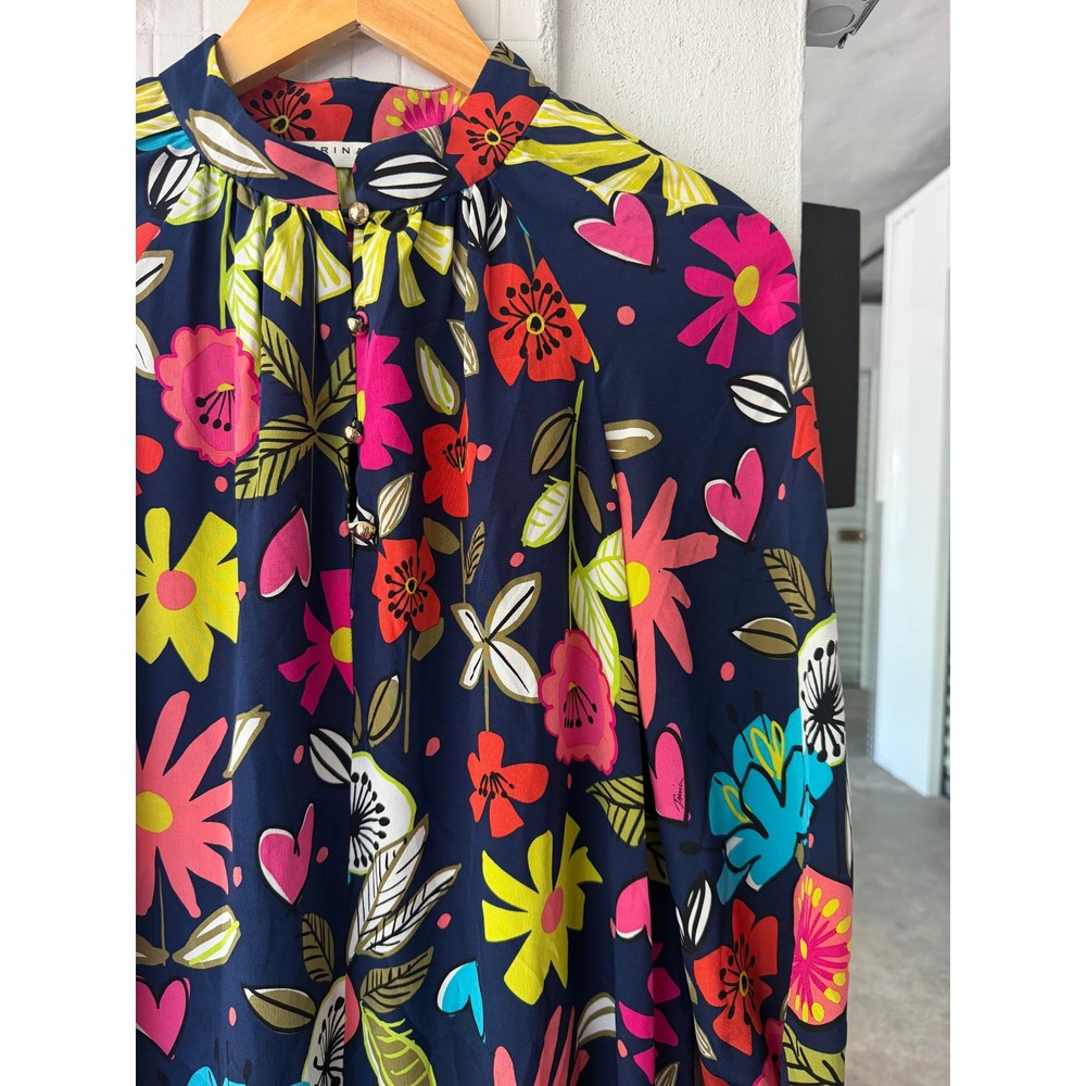 Trina Turk XS Silk Mini Dress Floral Navy Blue Mock Neck Long Sleeve Ruffle Hem - Picture 3 of 9